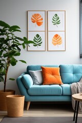 Blue sofa with artwork of green and orange leaves