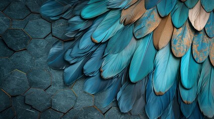 Blue and turquoise feather motif on 3D wallpaper, grey marble, wood hexagon tiles with white gold, black seams, Photography, textured surface, - obrazy, fototapety, plakaty
