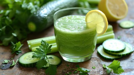  a glass filled with a green liquid surrounded by sliced cucumbers and parsley on top of a table.