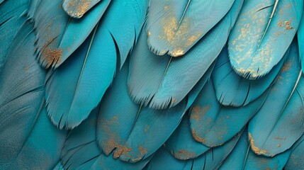 Blue and turquoise feathered 3D wallpaper, enriched with scratched gold highlights and oak, nut wood wicker textures, Photography, detailed surface, - obrazy, fototapety, plakaty