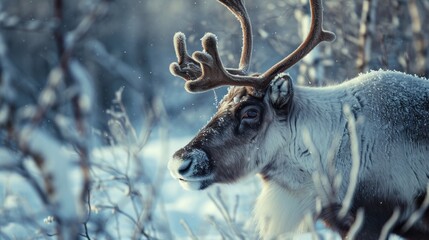  a close up of a reindeer with antlers on it's head standing in the snow in a wooded area.