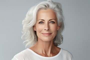 Portrait of a beautiful middle-aged woman with white hair and blue eyes