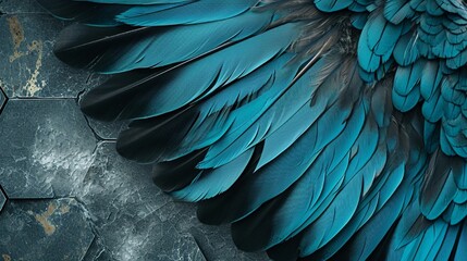 Blue and turquoise feathers on 3D wallpaper, grey marble, wood and shiny black hexagon tiles, white gold, black seams, Photography, richly textured,