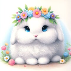 Fototapeta na wymiar A fluffy white rabbit sitting in a field of flowers. 