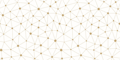 Golden vector triangular mesh seamless pattern. Abstract minimalist gold and white background with lines, nodes, polygonal grid, lattice. Simple luxury geometric texture. Repeated modern geo design - obrazy, fototapety, plakaty