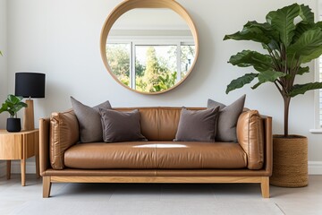 brown leather sofa in a living room with a round mirror and a plant