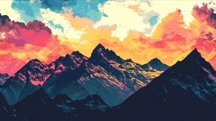  a painting of a mountain range with a colorful sky in the background and clouds in the middle of the image.