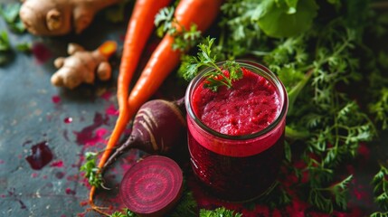  a close up of a glass of beet juice next to carrots and celery on a table.