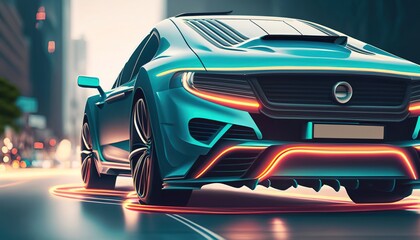 Obraz premium Modern metallic blue sports car with neon lights on a city street