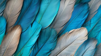 Blue, turquoise, and gray feather design on a light 3D wallpaper, enhanced with the texture of oak and nut wood wickers, Photography, high-resolution texture, - obrazy, fototapety, plakaty