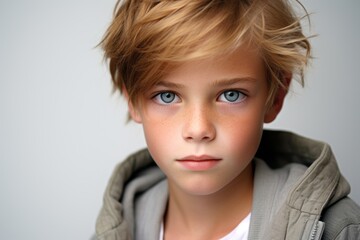 Portrait of a cute young boy with blond hair and blue eyes