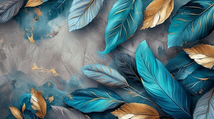 Blue, turquoise, and gray leaf and feather design, golden touches, on a 3D light drawing wallpaper, Photography, high-resolution,