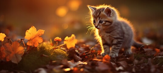 Curious and playful kitten joyfully explores the mesmerizing beauty of nature s captivating wonders - obrazy, fototapety, plakaty