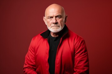 Portrait of an old man with a red jacket on a red background.