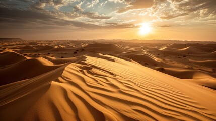  the sun is setting in the distance over the sand dunes of an arid area with sparse trees and bushes in the foreground.