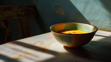  a bowl of soup sitting on top of a wooden table next to a wooden chair in a room with blue walls.