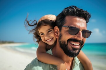 Obraz premium Father and daughter piggyback ride on beach,