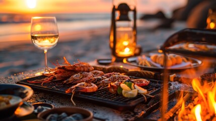  a close up of a plate of food on a grill with a glass of wine and a fire in the background.