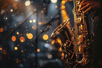 Gleaming saxophone on a dark stage Jazz mood - obrazy, fototapety, plakaty