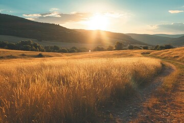 Golden hour sunlight casting shadows on a peaceful landscape