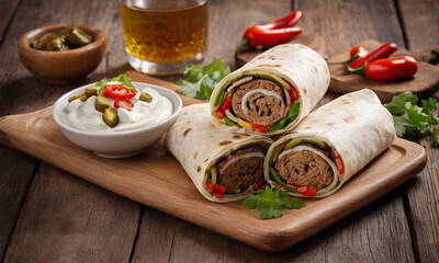 Fototapeta na wymiar Turkish and Arabic Traditional Ramadan Adana Kebab Roll Wrap serving with yogurt