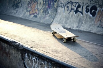 Lone skateboard on a concrete ramp Urban sports theme
