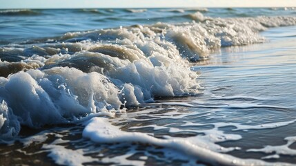  a close up of a wave coming in to the shore of a beach with foamy waves on the sand.