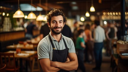 Portrait of a confident waiter in a busy restaurant