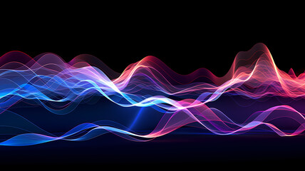 Abstract sound waves visualized as colorful pulsating ribbons on a black background - obrazy, fototapety, plakaty