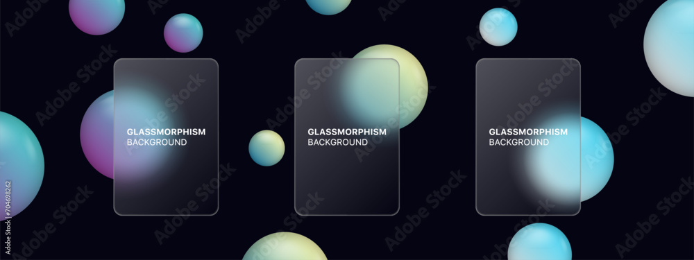 Poster glassmorphism background banner with transparent glass frame template in modern style . Realistic Frosted glass morphism effect with blurred abstract gradient circle shapes. Vector illustration