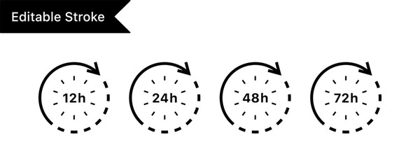 12 24 48 72 Hours clock arrow rotate time icon. Delivery order and service time support symbol sign. After 24 hours icon. Editable storke - Web icons set