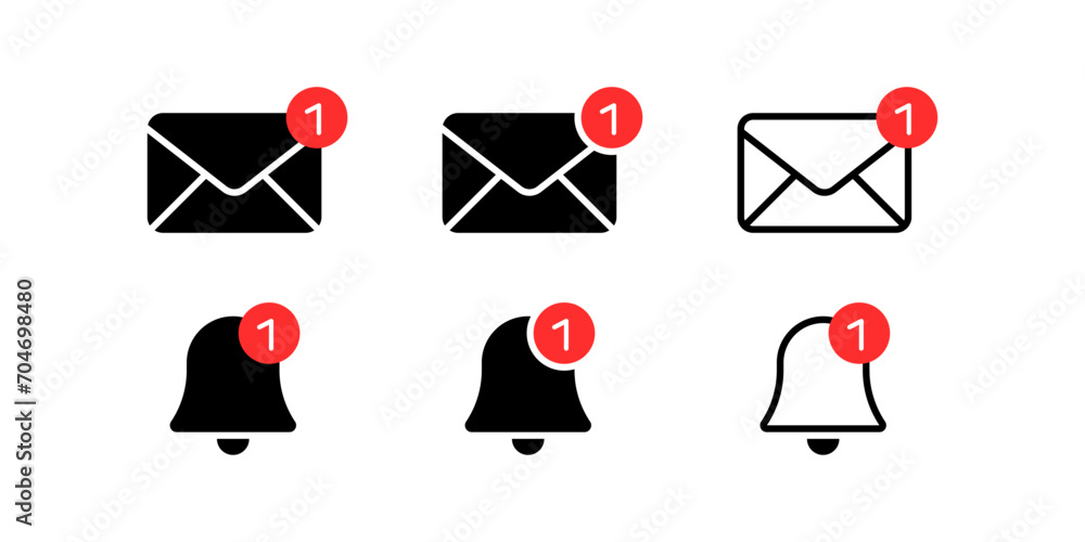 Poster Notification bell icon set. New email message notification icon or alarm alert reminder icon sign - Web icons collection set