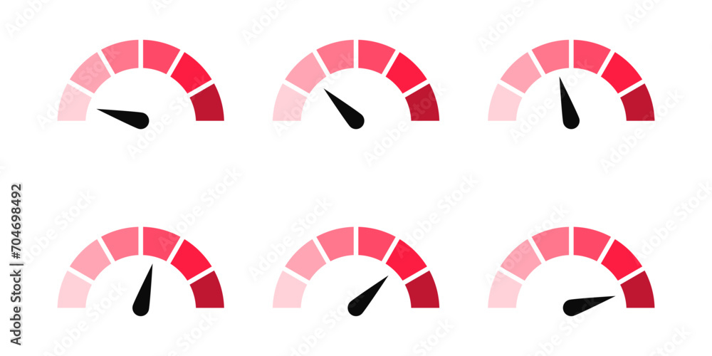 Aufkleber Speedometer icon, tachometer icon. Speed indicator icon set. Rating meter signs performance concept. Dashboard level scale icon. vector illustration