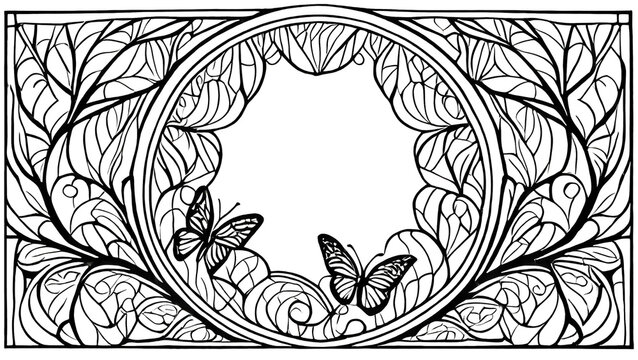 black line artwork of leafy vines and branches with a pair of butterflies for a coloring page