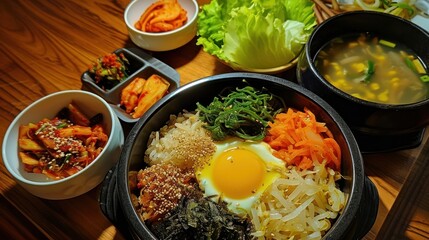  a wooden table topped with bowls of food and a bowl of soup next to a bowl of vegetables and an egg.