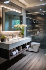 Modern bathroom interior with dark marble tiles and wood floor