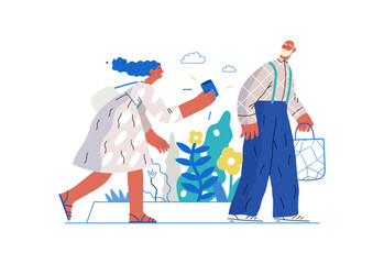 Mutual Support: Picking Up the Dropped Item -modern flat vector concept illustration of a woman who picked up a wallet lost by an elderly man Metaphor of voluntary, collaborative exchanges of services - obrazy, fototapety, plakaty