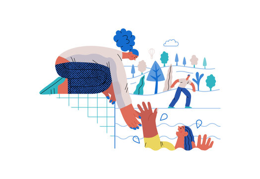 Mutual Support: Save a drowning person -modern flat vector concept illustration of woman reaching out to drowning woman A metaphor of voluntary, collaborative exchanges of resource, services