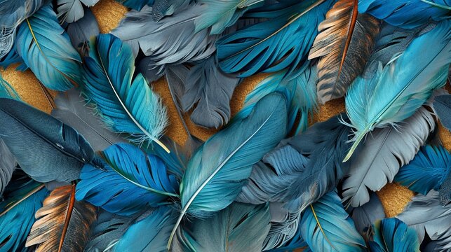 Feather and leaf design in blue, turquoise, gray, gold on a light 3D wallpaper, with oak, nut wood wicker texture, Photography, detailed wood texture,