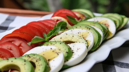  a close up of a plate of food with sliced tomatoes and avocado on the top of the plate.