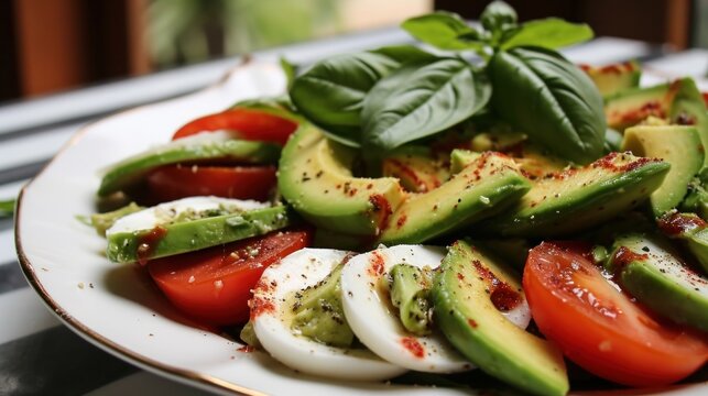  a close up of a plate of food with tomatoes, cucumbers, avocado and mozzarella.