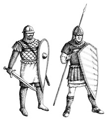 Byzantine warriors hand-drawn. Vector image.