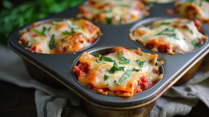  a muffin tin filled with mini pizzas covered in cheese and tomato sauce and topped with fresh parsley. - obrazy, fototapety, plakaty