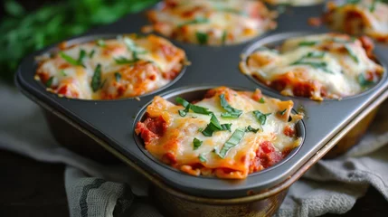 Fotobehang  a muffin tin filled with mini pizzas covered in cheese and tomato sauce and topped with fresh parsley. © Anna