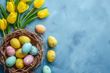 Easter eggs in basket on colored table with yellow Tulips. background top view. Happy Easter