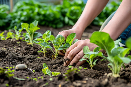 An image showcasing a gardener's skilled hands nurturing young vegetable plants, conveying the care and expertise in spring vegetable gardening.