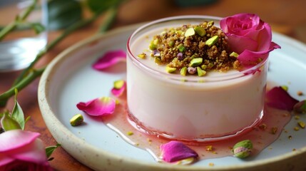  a close up of a dessert on a plate with flowers on the side of the plate and a spoon to the side of the plate.