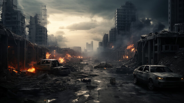 Fototapeta war apocalyptic city. . Destroyed buildings, burnt out vehicles and ruined roads. generative ai