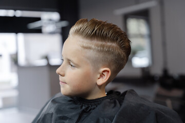 Barber cutting young boy's hair in barbershop