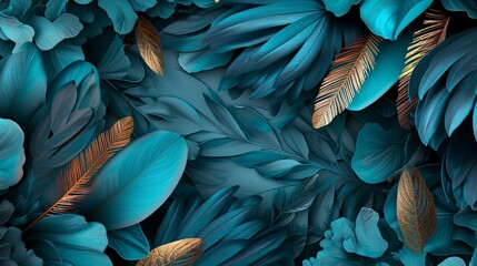 Lush 3D wallpaper with blue, turquoise leaves, feathers, and golden elements, light drawing background, Photography, color-focused,